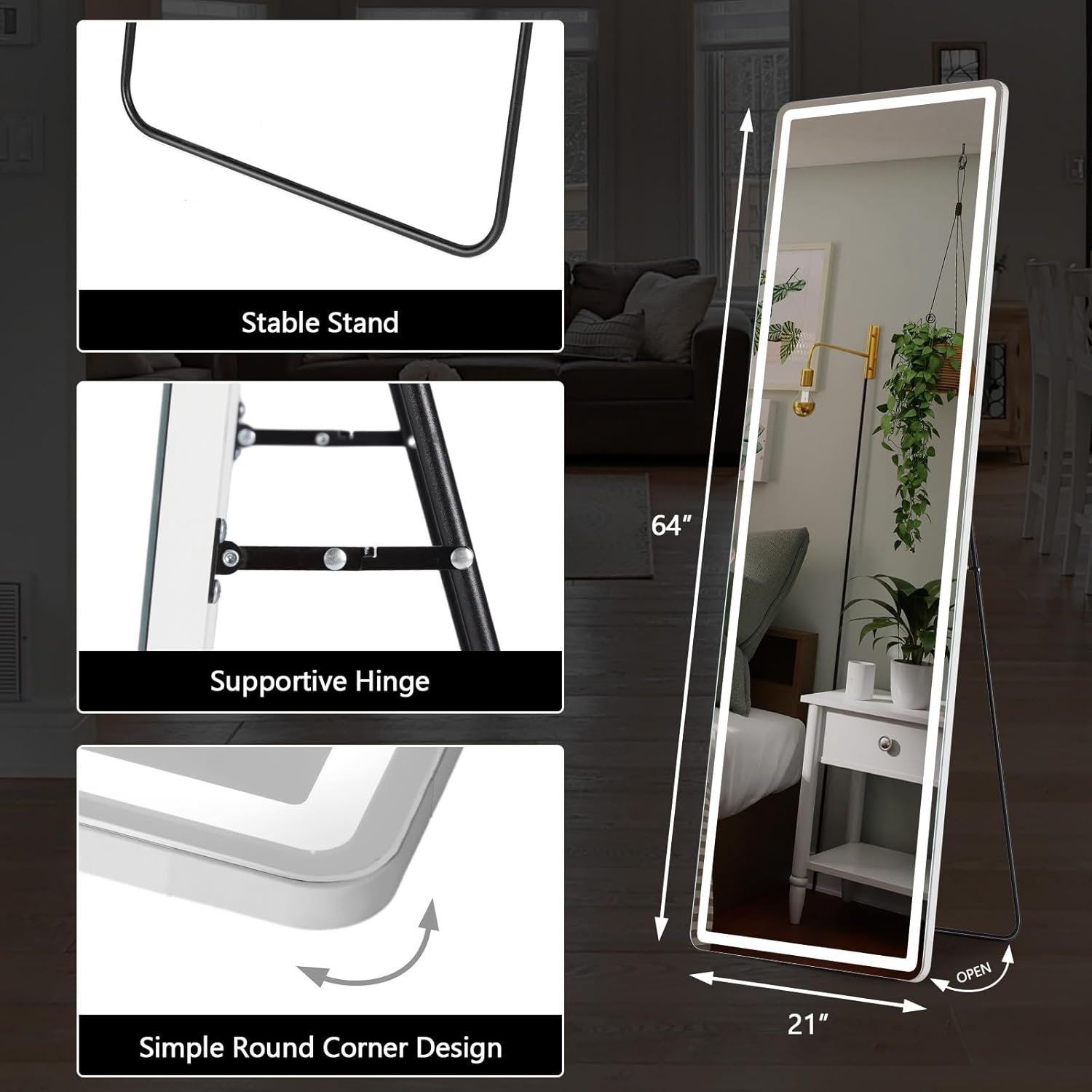 64"x21" Full Length Mirror with LED Lights, Lighted Full Body Mirrors, Aluminum Frame Mirror with Dimming & 3 Color Lighting, Hanging Mounted Mirrors for Bedroom Dressing Room Cloakroom - Image 3