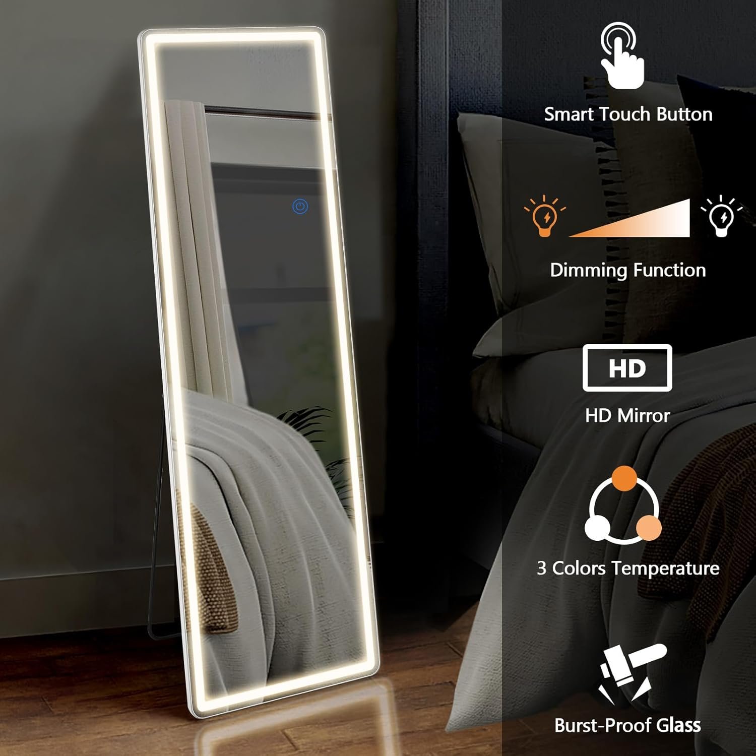 64"x21" Full Length Mirror with LED Lights, Lighted Full Body Mirrors, Aluminum Frame Mirror with Dimming & 3 Color Lighting, Hanging Mounted Mirrors for Bedroom Dressing Room Cloakroom - Image 5