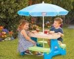 Little Tikes Easy Store Jr. Picnic Table with Umbrella - Blue / Green - Image 3