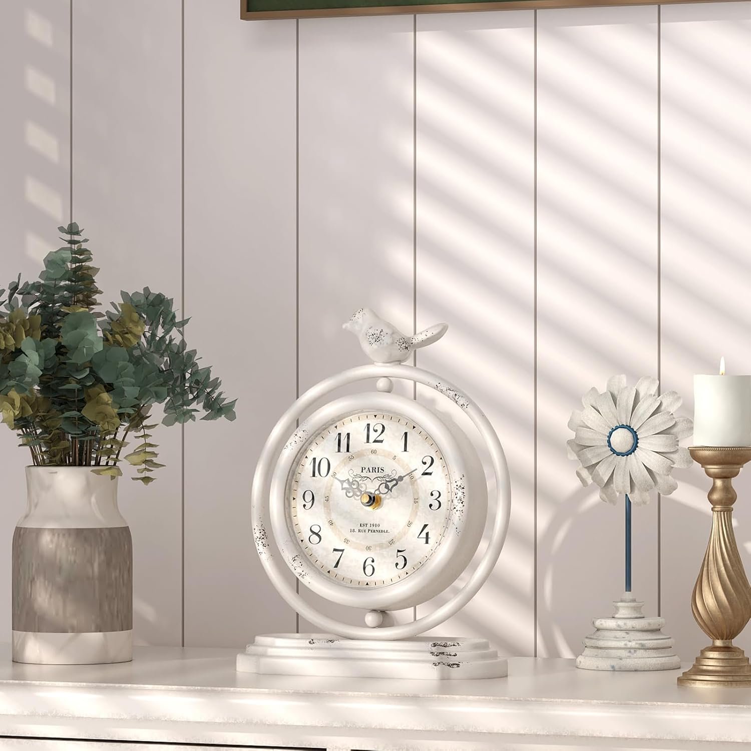 White Vintage Table Clock with Bird, European Retro Style Mantel Clocks, Desk and Shelf Decor Clock, for Living Room, Farmhouse, Bedside, Bedroom, Gift (7.9" H x 6.3" W) - Image 4