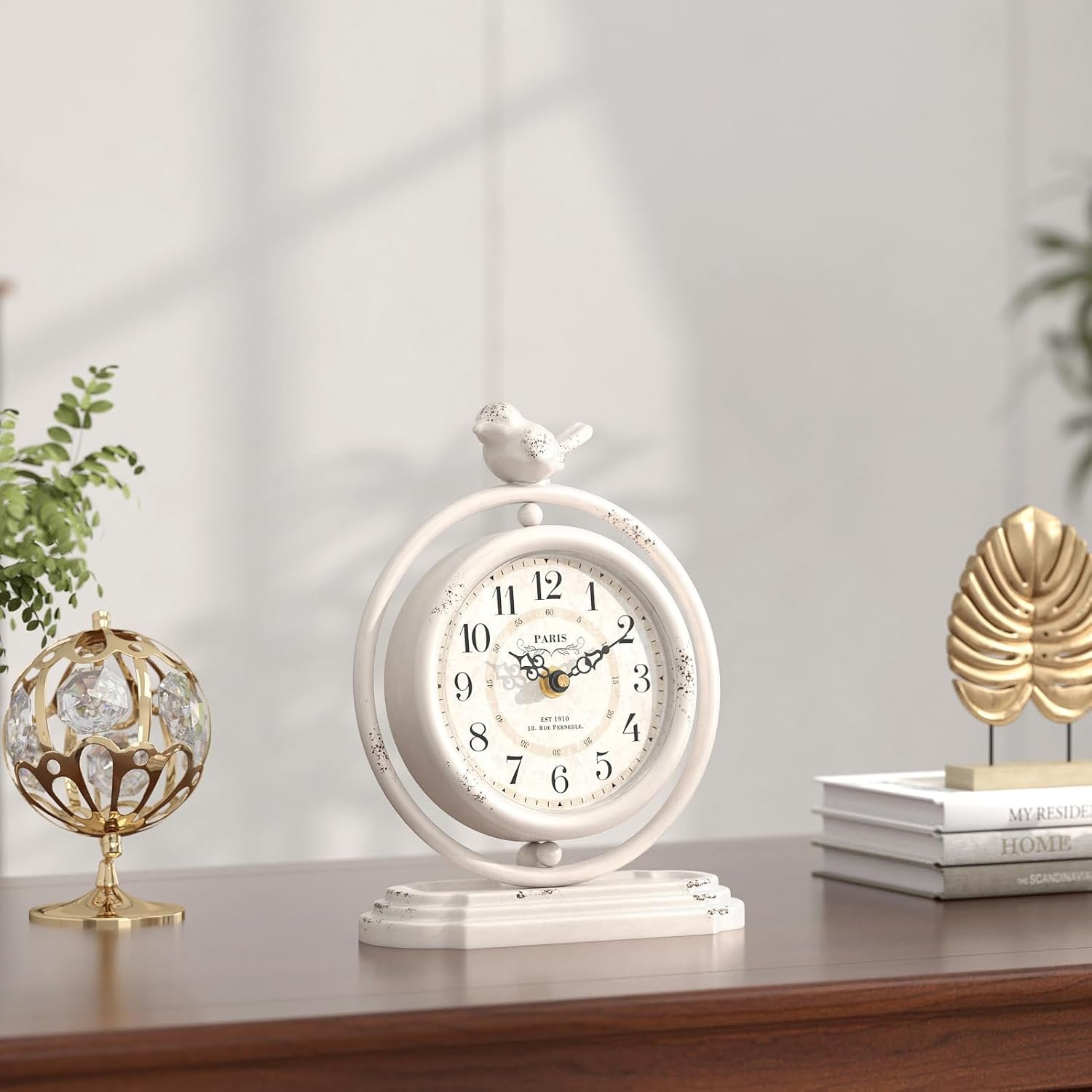 White Vintage Table Clock with Bird, European Retro Style Mantel Clocks, Desk and Shelf Decor Clock, for Living Room, Farmhouse, Bedside, Bedroom, Gift (7.9" H x 6.3" W) - Image 6