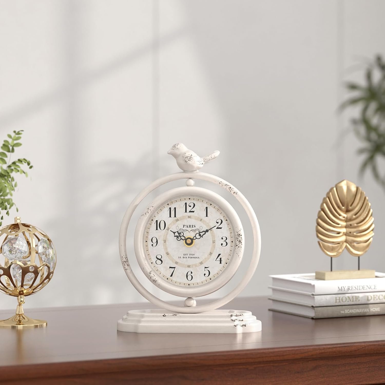 White Vintage Table Clock with Bird, European Retro Style Mantel Clocks, Desk and Shelf Decor Clock, for Living Room, Farmhouse, Bedside, Bedroom, Gift (7.9" H x 6.3" W) - Image 7
