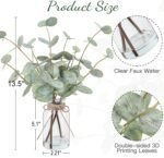 Artificial Eucalyptus Stems in Glass Vase with Faux Water, 13.5” Fake Plants for Home Decor, Coffee Table Centerpieces, Office, Bathroom & Farmhouse Weddings - Faux Greenery Plants Decorations - Image 3