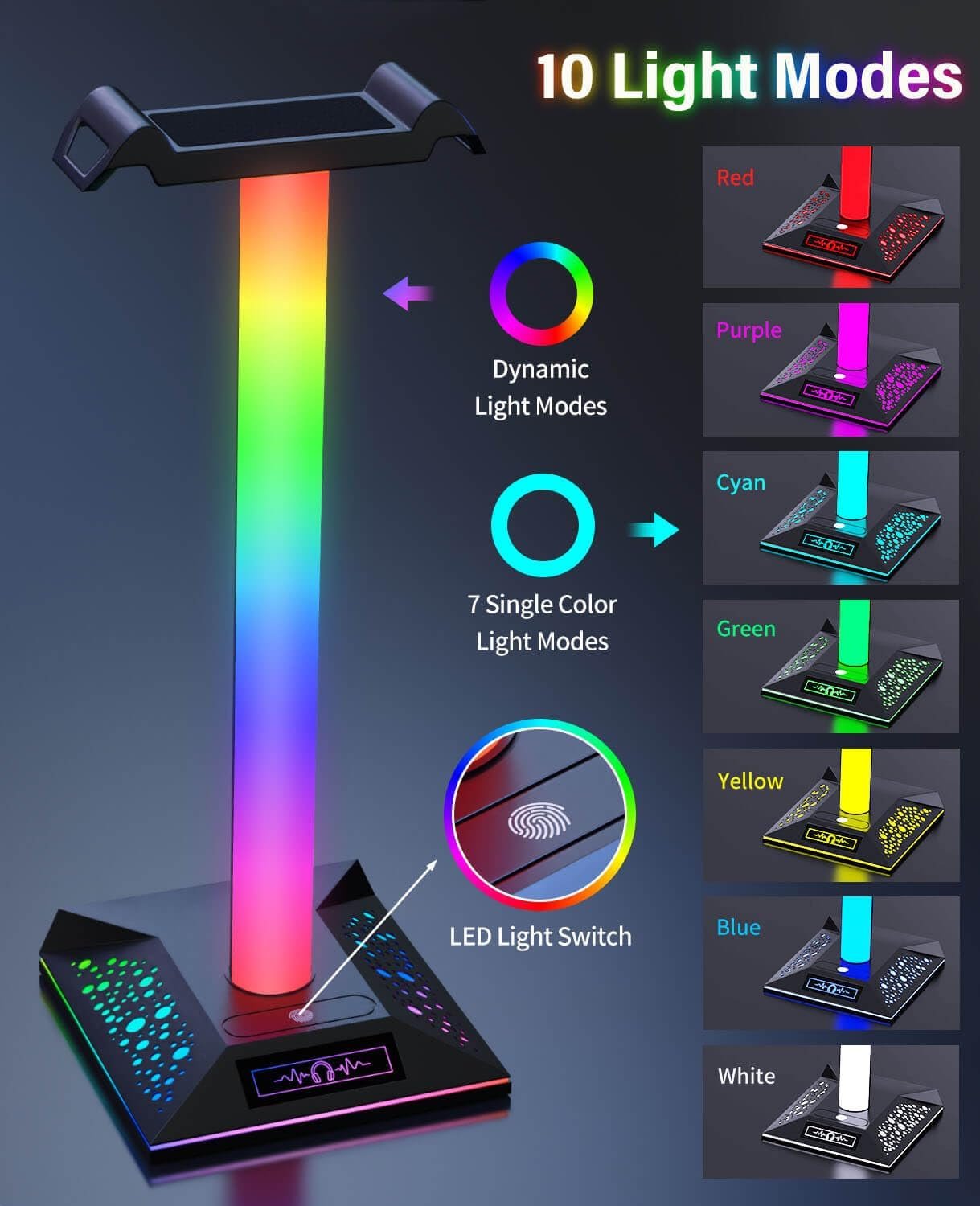 RGB Gaming Headset Stand, LED Headset Holder with 3 Charging Ports (2 USB & 1 Type-C) & 10 Lighting Modes, Headphone Stand Cool Stuff for Boys, Desk PC Gaming Accessories Gifts for Gamers Men Adult - Image 3