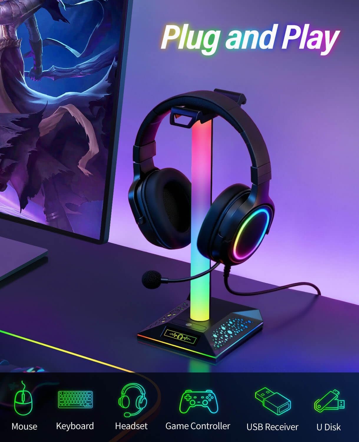 RGB Gaming Headset Stand, LED Headset Holder with 3 Charging Ports (2 USB & 1 Type-C) & 10 Lighting Modes, Headphone Stand Cool Stuff for Boys, Desk PC Gaming Accessories Gifts for Gamers Men Adult - Image 4