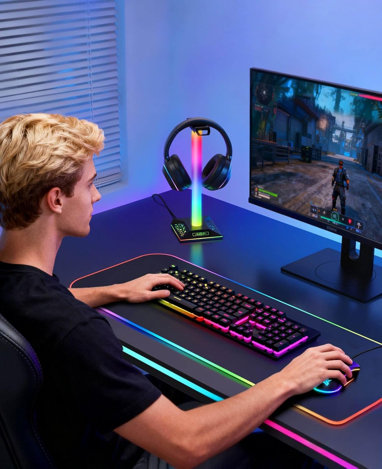 RGB Gaming Headset Stand, LED Headset Holder with 3 Charging Ports (2 USB & 1 Type-C) & 10 Lighting Modes, Headphone Stand Cool Stuff for Boys, Desk PC Gaming Accessories Gifts for Gamers Men Adult - Image 7