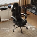 Gaming Chair with Footrest, Ergonomic 330lbs Leather Mesh Chair, Massage Lumbar Support, Adjustable Height & Headrest Pillow, Breathable Seat for Office, Home, Streaming, Long Gaming Sessions, Black - Image 6