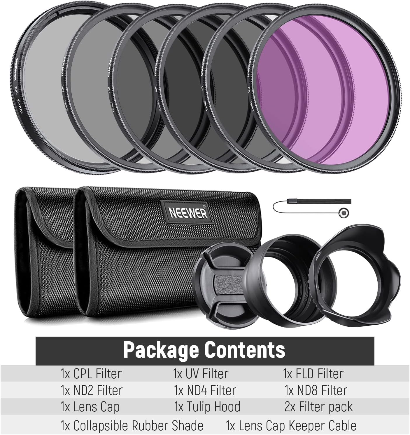 Neewer Brand 58mm UV CPL FLD Filter Kit & ND Set for Canon Rebel, EOS Cameras - Image 8