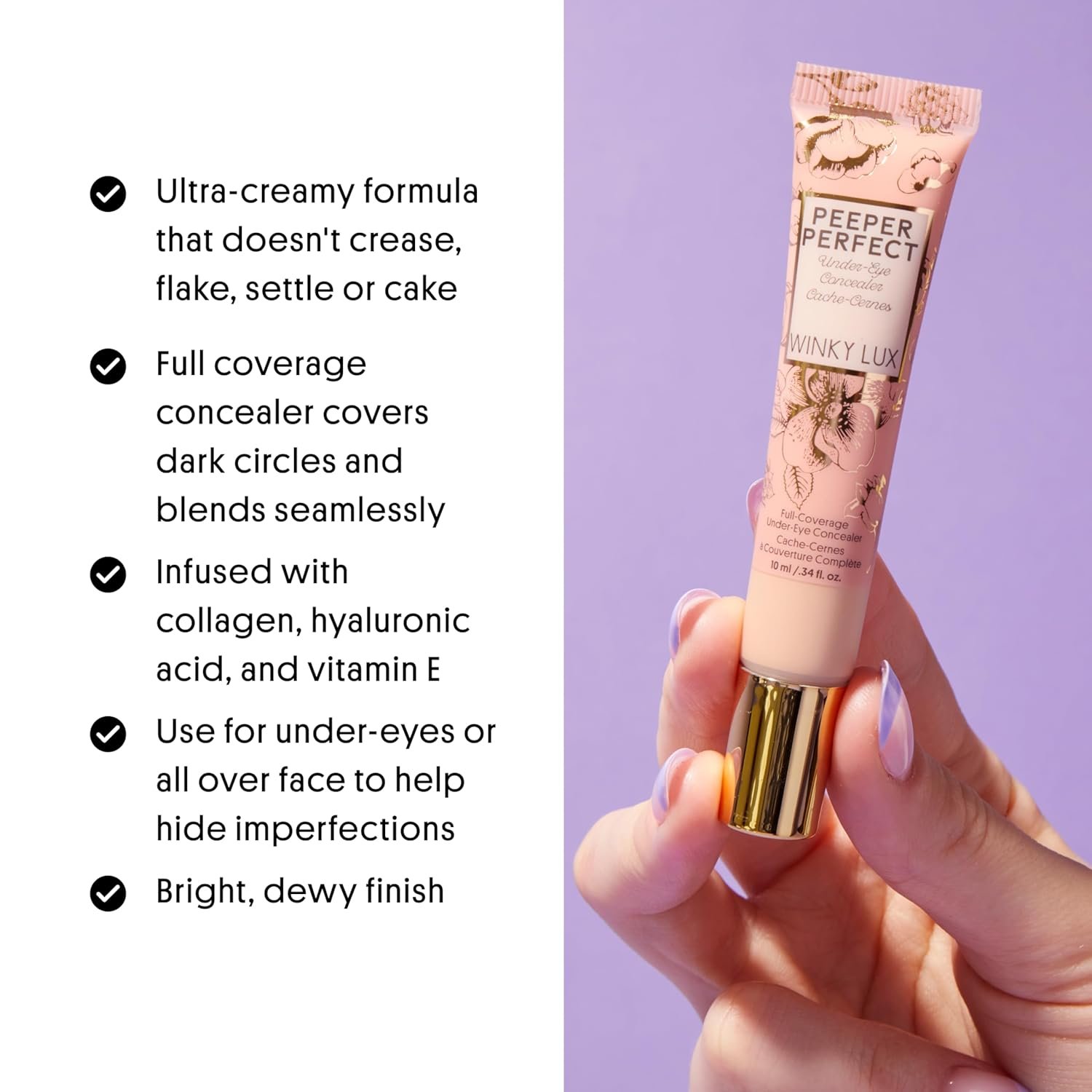 Winky Lux Peeper Perfect Under Eye Concealer, Makeup & Eye Brightener, Full Coverage Concealer for Dark Circles, Color Corrector & Eye Primer, With Collagen, Hyaluronic Acid & Vitamin E (Fair) - Image 4