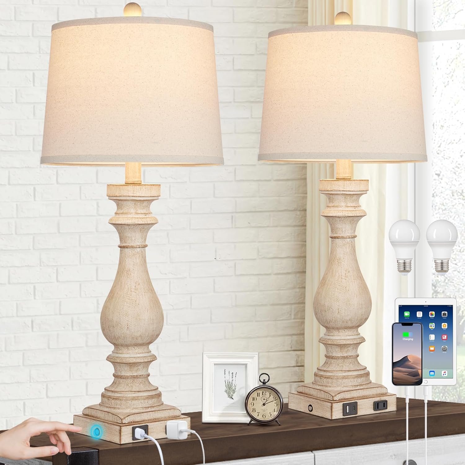 29" Tall Table Lamp for Living Room Set of 2,Vintage Bedside Nightstand Lamps with USB C+A Ports & AC Outlet,3-Way Dimmable Touch Control Desk Lamp for Bedroom,Color 1 - Image 2