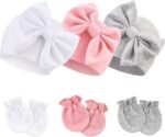 BQUBO Newborn Girls Hats Baby Hat and Mittens Set Infant Caps Bow Hospital Beanie with No Scratch Mittens for Baby Boys Girls - Image 2