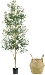 Faux Olive Tree 6FT, Artificial Potted Tree with Planter, Silk Plants Indoor Outdoor, Lifelike Olive Plants with Natural Wood Trunk, Fruits and Buds, Home Office Decor, 1 Pack - Image 2