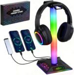 RGB Gaming Headset Stand, LED Headset Holder with 3 Charging Ports (2 USB & 1 Type-C) & 10 Lighting Modes, Headphone Stand Cool Stuff for Boys, Desk PC Gaming Accessories Gifts for Gamers Men Adult - Image 2