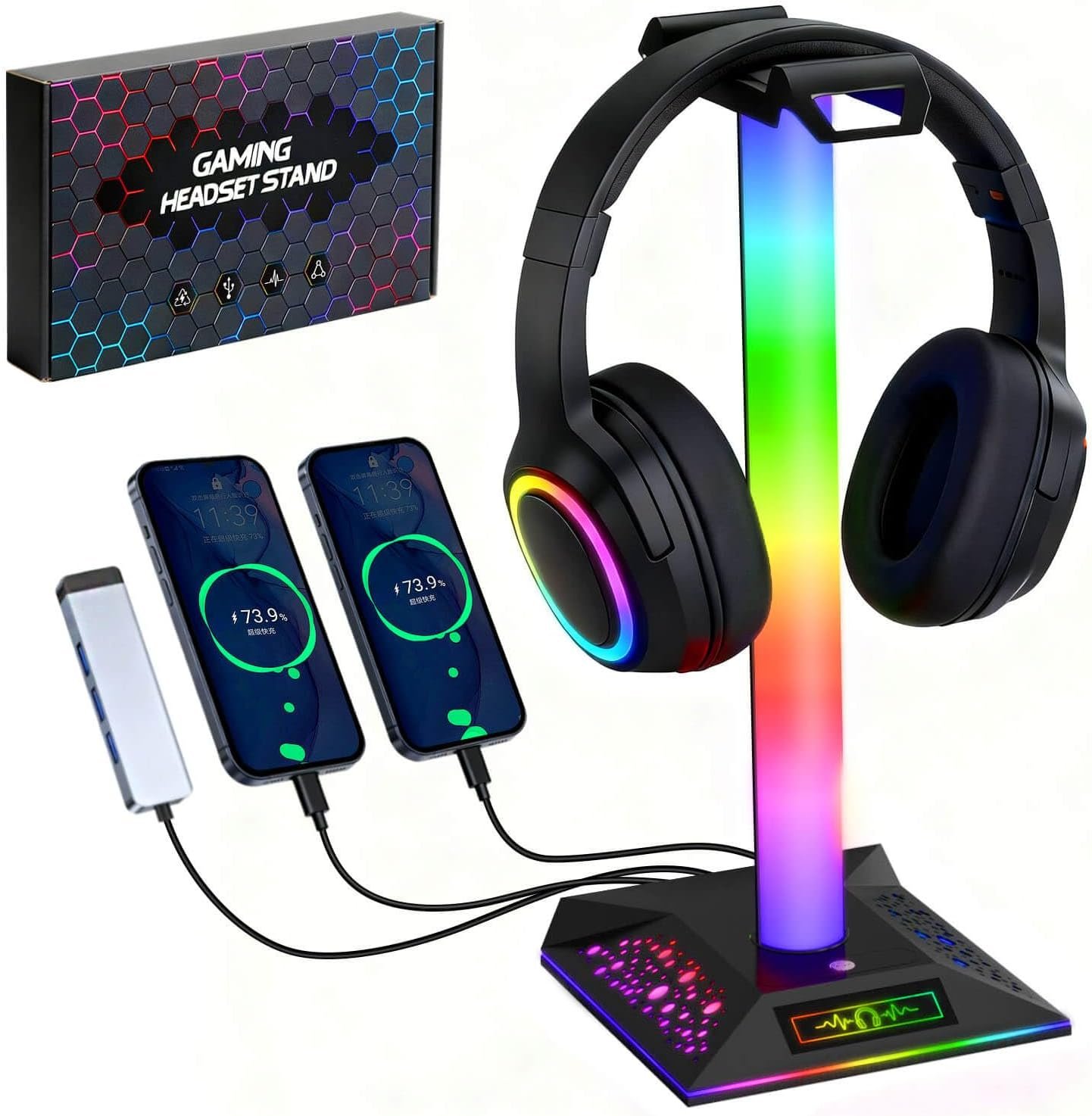 RGB Gaming Headset Stand, LED Headset Holder with 3 Charging Ports (2 USB & 1 Type-C) & 10 Lighting Modes, Headphone Stand Cool Stuff for Boys, Desk PC Gaming Accessories Gifts for Gamers Men Adult - Image 2