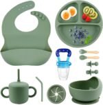 Silicone Baby Feeding Set, BPA Free Baby Feeding Essentials, Baby Suction Bowl, Plates, Bib, Spoons set, Baby Led Weaning Supplies to Develop Self-feeding Skills(Green, No Lid) - Image 2