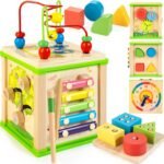 Wooden 7-in-1 Activity Cube| Montessori Toys for 1 2 3 Year Old Toddlers| Baby Educational Developmental Toys |One Year Old Boys Girls First Birthday Gifts |Bonus Sorting & Stacking Board - Image 2