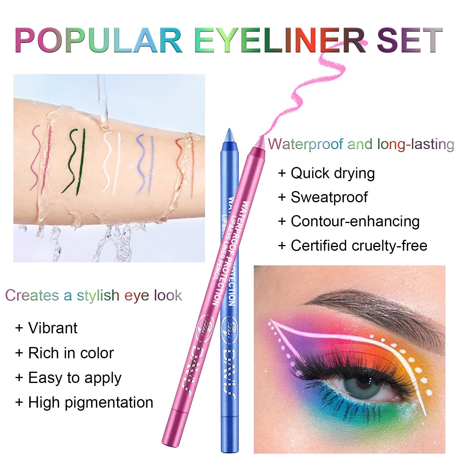 Colorful Eyeliner Pen Set, 15Colors Eye Shadow Pencil, Pearl Eyeliner Kit Metallic Glitter Colored Eye liner for Women Eye&Lip Liner Professional Waterproof Eye Makeup - Image 9