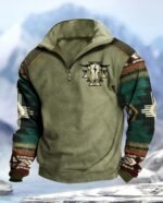 Western Sweatshirts for Men Aztec Ethnic Print Quarter Zip Pullover Fleece Hoodies Casual Stand Collar Sweatshirt - Image 4