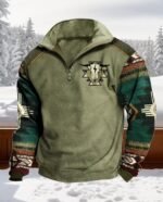 Western Sweatshirts for Men Aztec Ethnic Print Quarter Zip Pullover Fleece Hoodies Casual Stand Collar Sweatshirt - Image 5