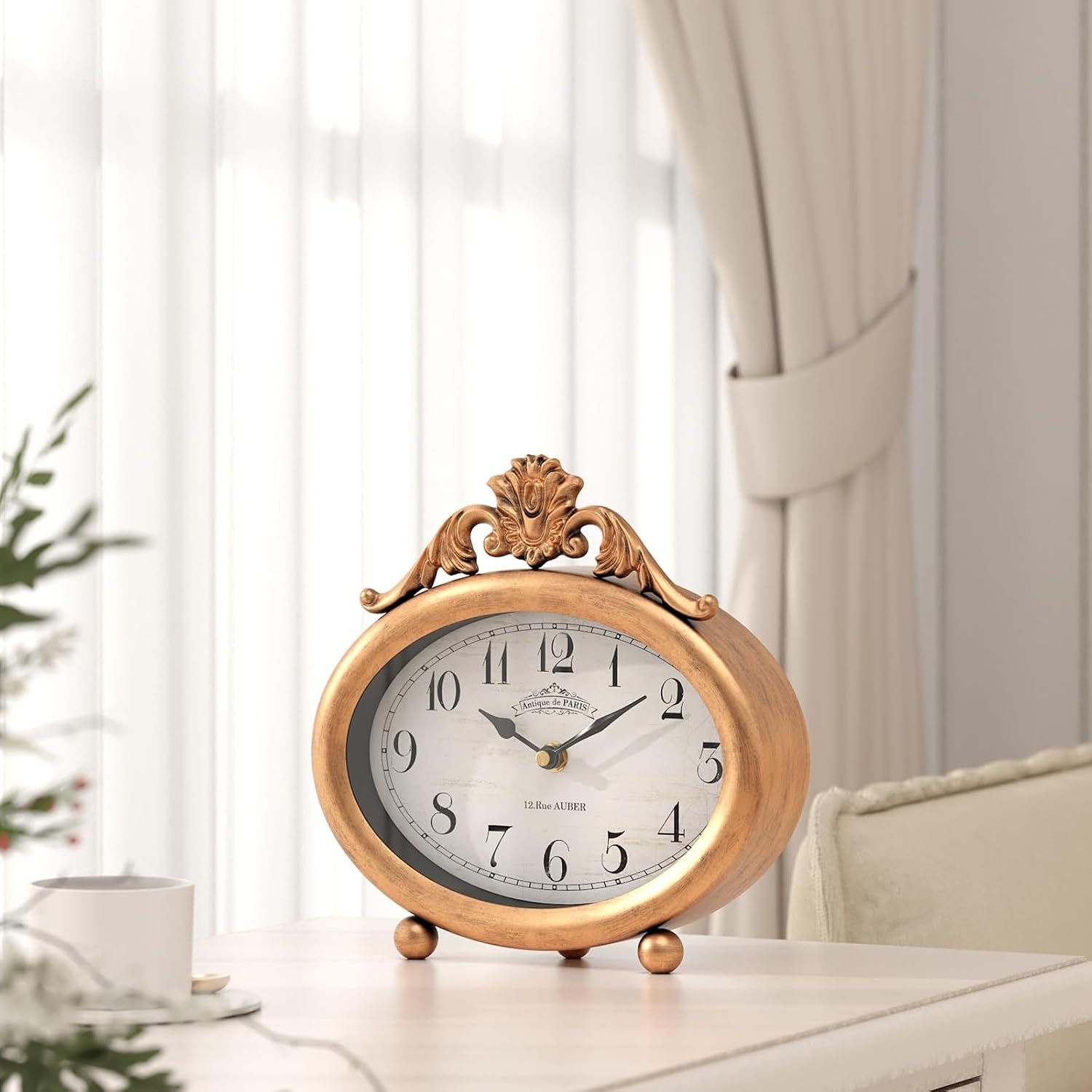 Vintage Table Clock, Desk and Shelf Decor Clock, French Rustic Antique Style Gold Mantel Clocks, for Farmhouse, Living Room, Bedroom, Bedside, Gift (7.87" H x 7.87" W) - Image 8