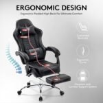 Gaming Chair,Computer Office Chair with Footrest,Massage Lumbar Support and Gel Pad,Ergonomic Reclining Adjustable Leather Gamer Chair with Headrest and Spring Cushion Black - Image 10