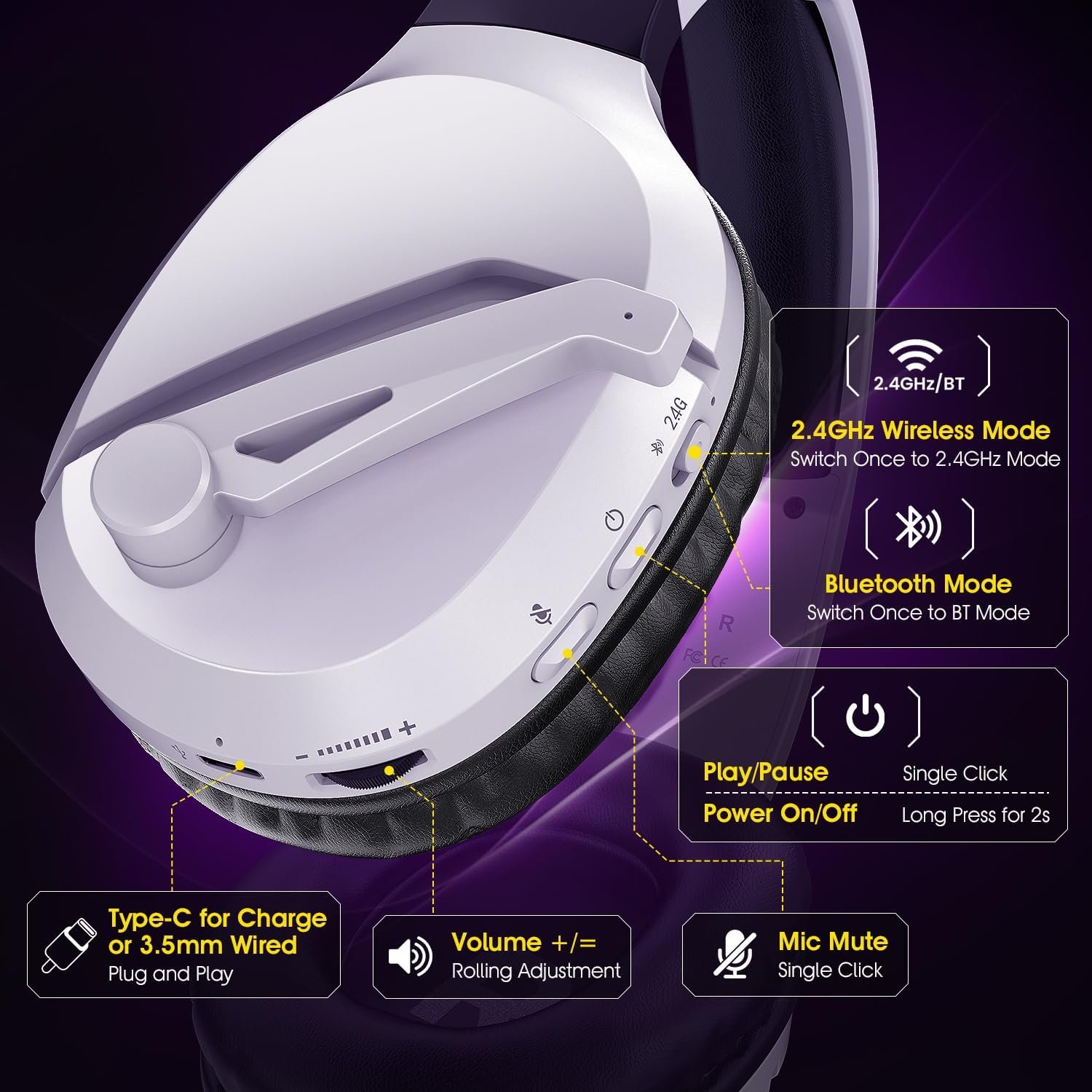 Wireless Gaming Headset with Noise Canceling Microphone for PS5, PC, PS4, 2.4G/Bluetooth Gaming Headphones with USB and Type-c Connector, Wired Mode for Controller Gamecube - Image 9