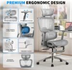 Mesh Ergonomic Office Chair with Footrest,High Back Mesh Gaming Chair with Lumbar Support,Adjustable Headrest and Armrests for Home Office Desk Chair (Modern, Grey) - Image 4