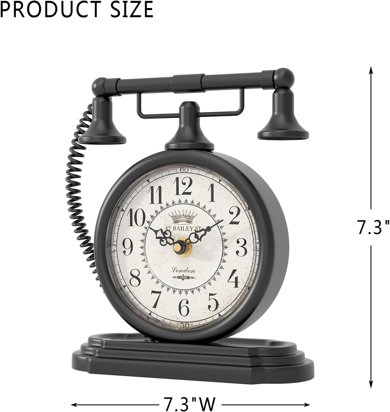 ChimeTide Vintage Table Clock, Desk and Shelf Decor Clock, Black Antique Telephone Style Mantel Clocks, for Living Room, Farmhouse, Bedroom, Bedside, Gift (7.3" H x 7.3" W) - Image 3