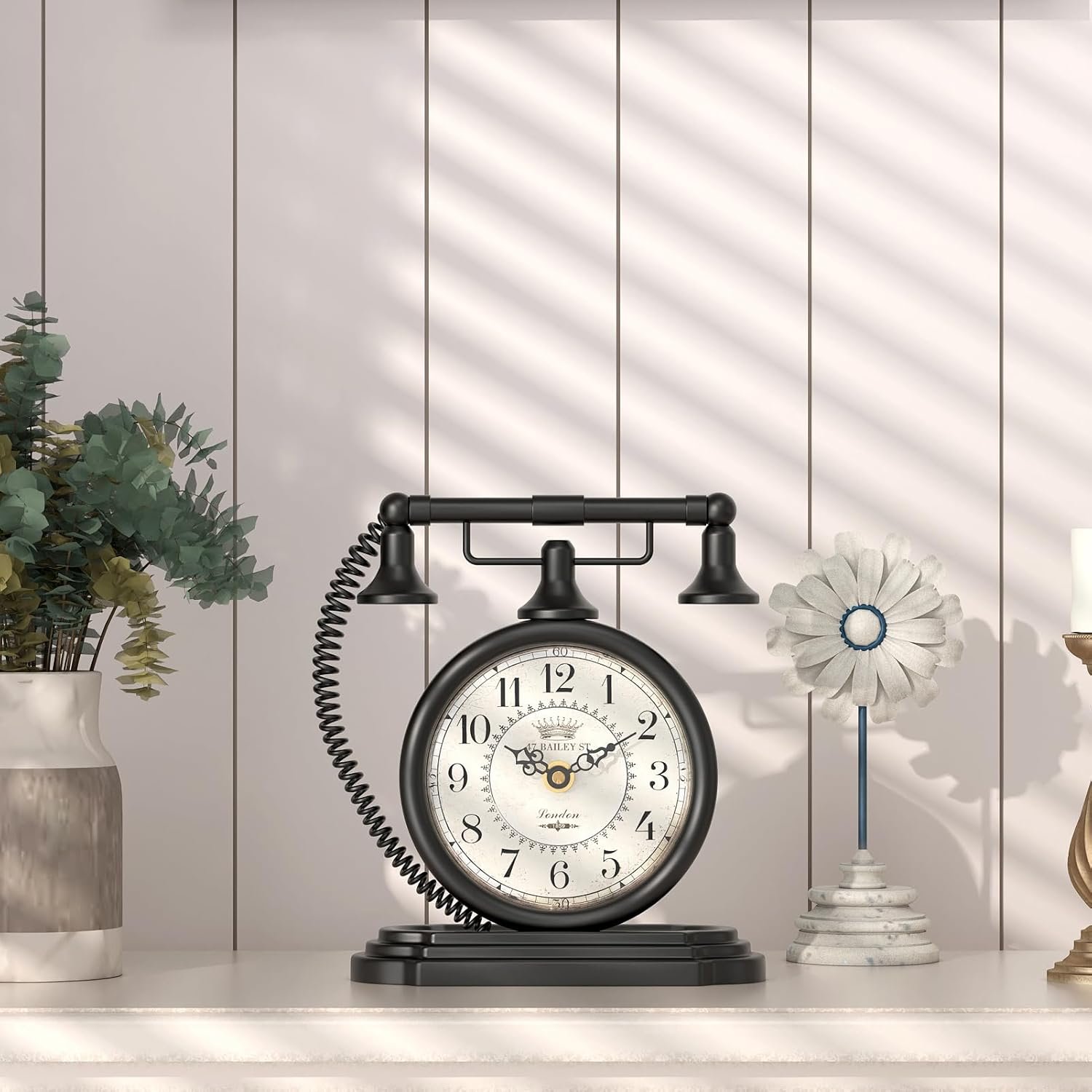 ChimeTide Vintage Table Clock, Desk and Shelf Decor Clock, Black Antique Telephone Style Mantel Clocks, for Living Room, Farmhouse, Bedroom, Bedside, Gift (7.3" H x 7.3" W) - Image 5
