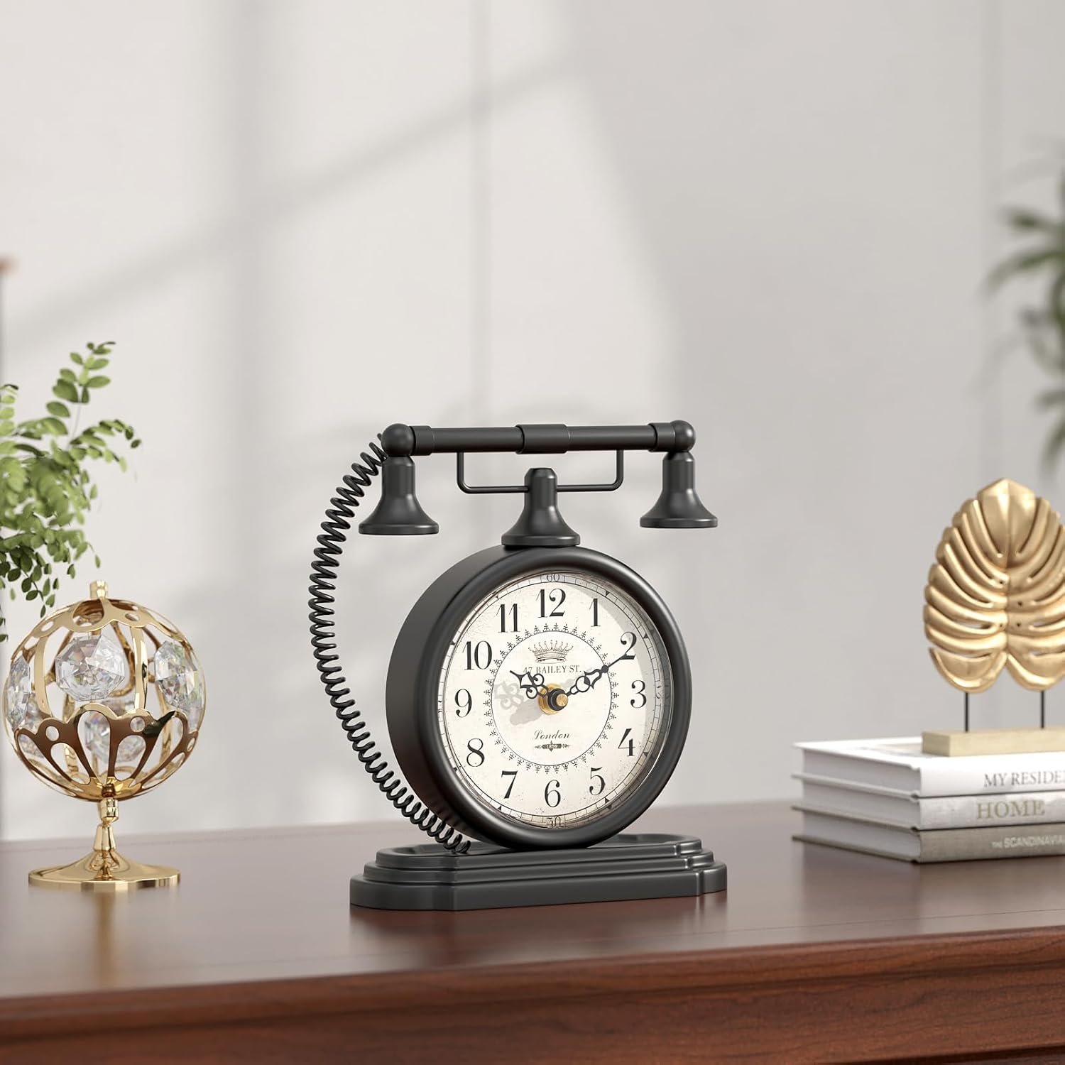 ChimeTide Vintage Table Clock, Desk and Shelf Decor Clock, Black Antique Telephone Style Mantel Clocks, for Living Room, Farmhouse, Bedroom, Bedside, Gift (7.3" H x 7.3" W) - Image 6