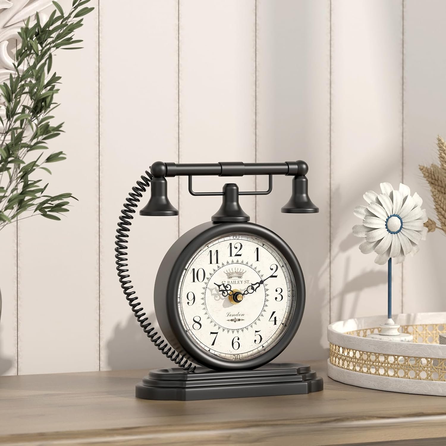 ChimeTide Vintage Table Clock, Desk and Shelf Decor Clock, Black Antique Telephone Style Mantel Clocks, for Living Room, Farmhouse, Bedroom, Bedside, Gift (7.3" H x 7.3" W) - Image 8