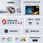 Tylvx 15.6" FHD Laptop, 12GB RAM 256GB SSD, Intel Celeron N4000, Win 11 Essential Laptop Computer for Student Online Class, Home, Netflix,Lightweight & Portable, Long Battery Life - Image 3