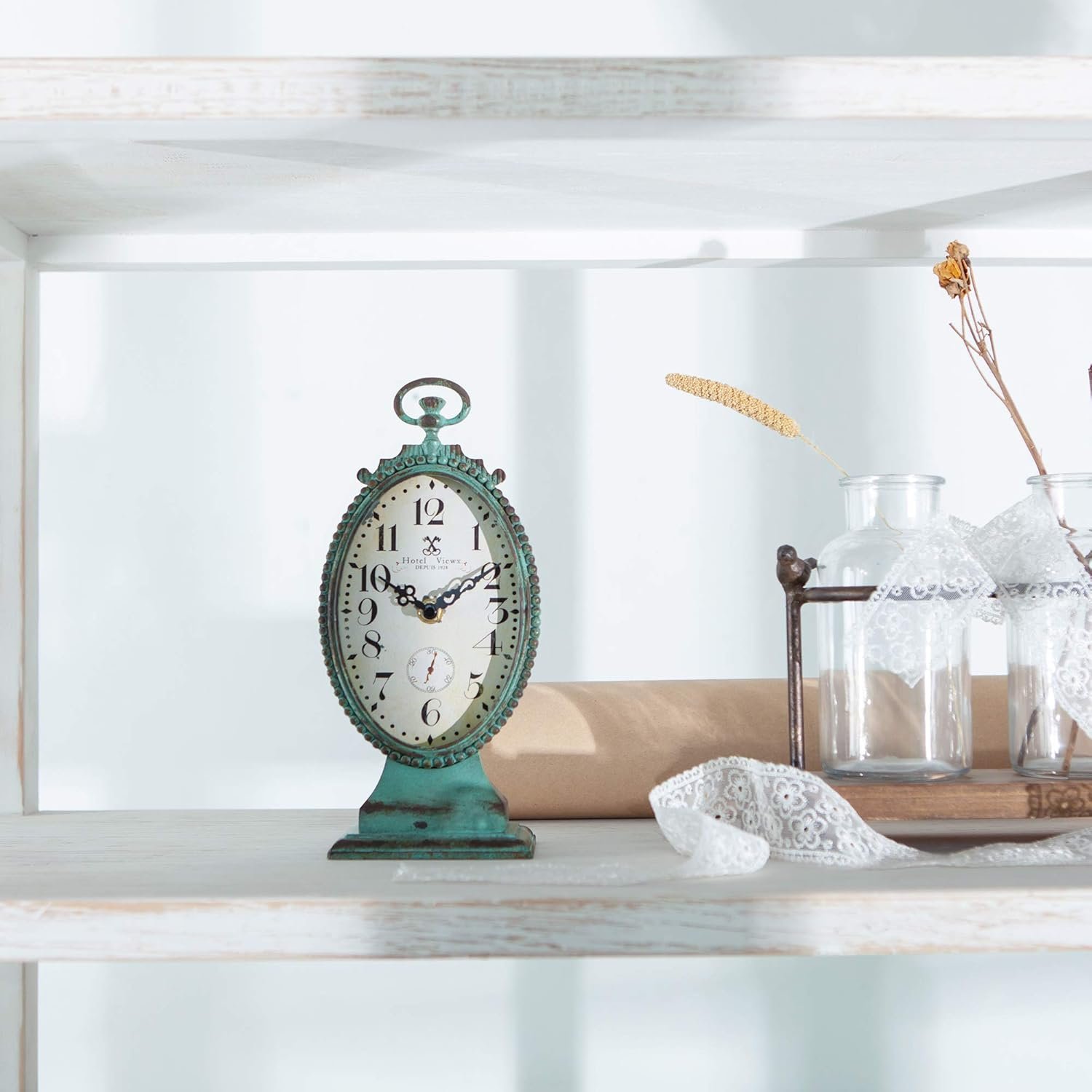 NIKKY HOME Vintage Table Clock - Battery Operated Rustic Distressed Style - Shabby Chic Home Decor for Fireplace Mantel, Shelf, Desktop, Countertop - Green - Image 5