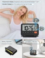 Digital Travel Alarm Clock, Black, 3.54 inch LCD Display, 9-Minute Snooze, 2 Volume Levels, Backlight, Battery Included - Image 5