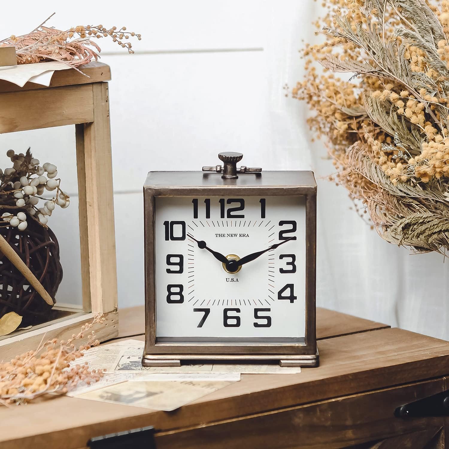 NIKKY HOME Vintage Silent Non-Ticking Table Clock, Shelf Desk Top Clock Battery Operated, Retro Home Decor for Living Room Mantel Desktop Countertop, Antique Brown - Image 3