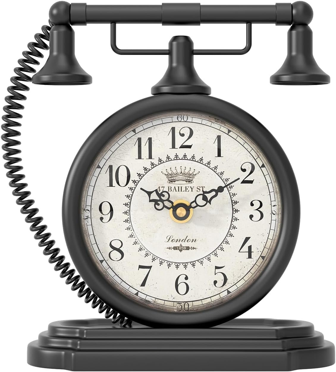ChimeTide Vintage Table Clock, Desk and Shelf Decor Clock, Black Antique Telephone Style Mantel Clocks, for Living Room, Farmhouse, Bedroom, Bedside, Gift (7.3" H x 7.3" W) - Image 2