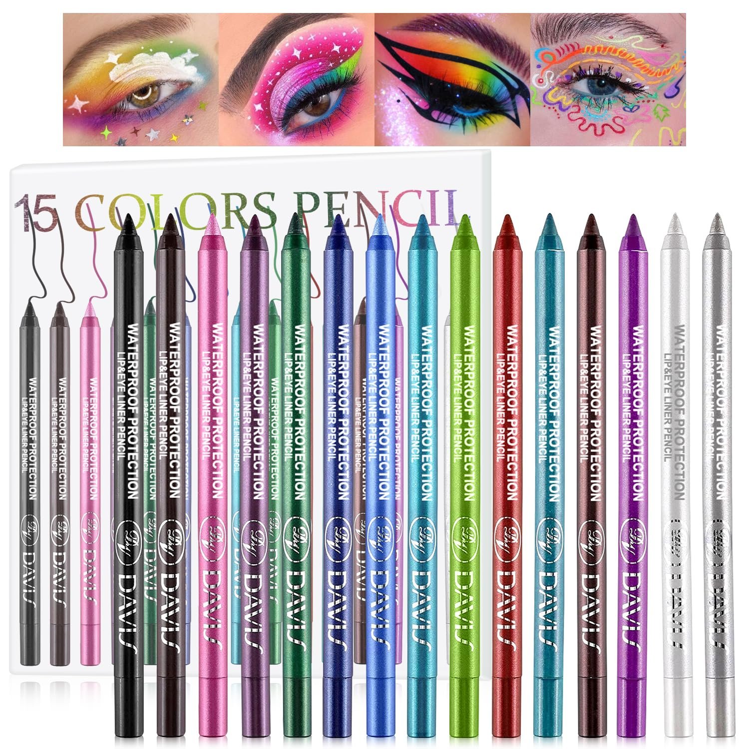 Colorful Eyeliner Pen Set, 15Colors Eye Shadow Pencil, Pearl Eyeliner Kit Metallic Glitter Colored Eye liner for Women Eye&Lip Liner Professional Waterproof Eye Makeup - Image 2