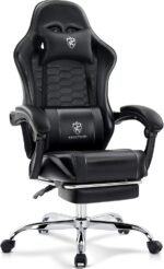 Gaming Chair,Computer Office Chair with Footrest,Massage Lumbar Support and Gel Pad,Ergonomic Reclining Adjustable Leather Gamer Chair with Headrest and Spring Cushion Black - Image 2