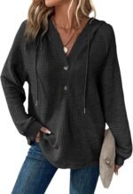 Hoodies for Women Comfortable Waffle Knit Long Sleeve Drawstring Button V Neck Casual Pullover Sweatshirt Hooded Tops - Image 2
