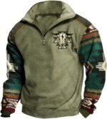 Western Sweatshirts for Men Aztec Ethnic Print Quarter Zip Pullover Fleece Hoodies Casual Stand Collar Sweatshirt - Image 2