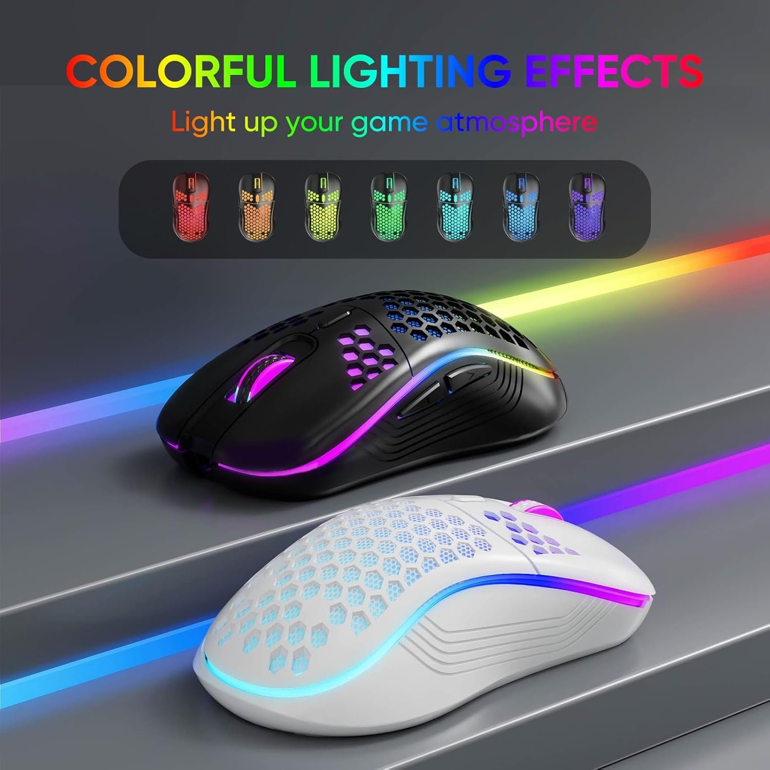 MELOGAGA Wireless Gaming Mouse Honeycomb 2.4G USB Cordless Mouse RGB Rechargeable PC Game Mice with 7-Color LED Lights，4 Adjustable DPI for Windows Laptop Desktop Computers -White - Image 3