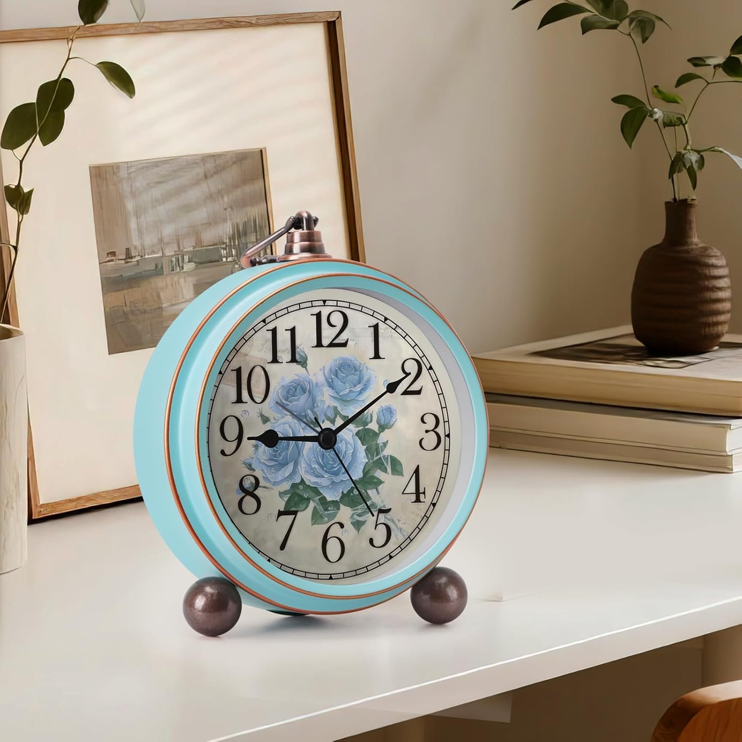Maxspace Vintage Alarm Clock, Silent Non Ticking Desk Clock, Battery Operated Small Table Clock, Decorative Round Analog Clock for Bedroom, Living Room (Blue-Rose) - Image 3