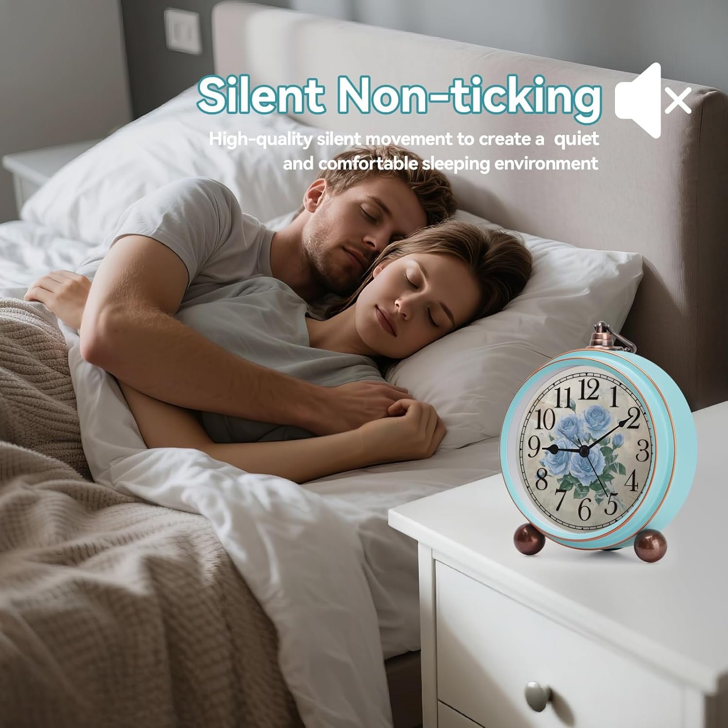 Maxspace Vintage Alarm Clock, Silent Non Ticking Desk Clock, Battery Operated Small Table Clock, Decorative Round Analog Clock for Bedroom, Living Room (Blue-Rose) - Image 4