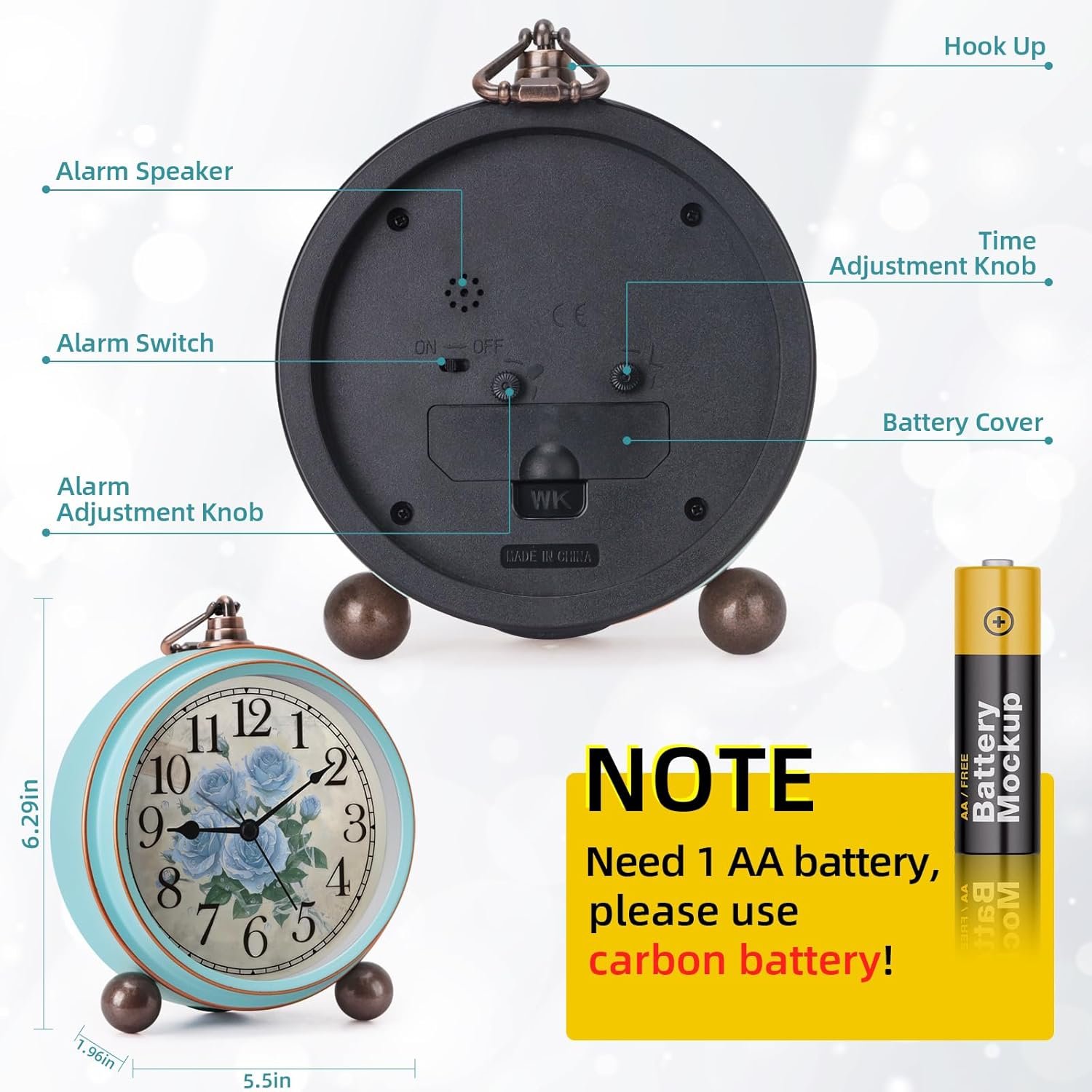 Maxspace Vintage Alarm Clock, Silent Non Ticking Desk Clock, Battery Operated Small Table Clock, Decorative Round Analog Clock for Bedroom, Living Room (Blue-Rose) - Image 6