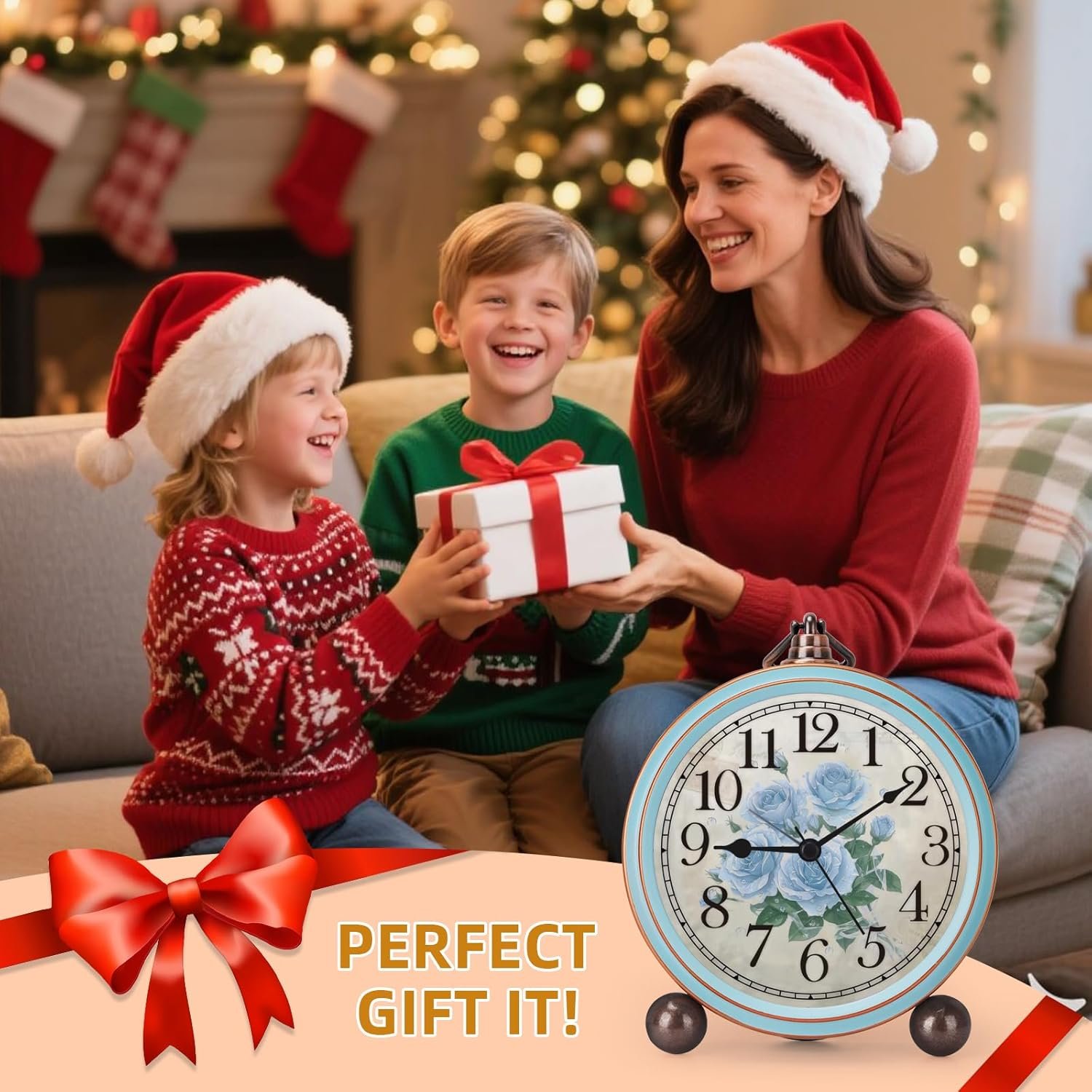 Maxspace Vintage Alarm Clock, Silent Non Ticking Desk Clock, Battery Operated Small Table Clock, Decorative Round Analog Clock for Bedroom, Living Room (Blue-Rose) - Image 8