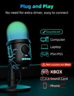 Gaming Microphone, USB Computer Microphone for PC, Mac, PS4/5, Condenser Podcast Mic for Studio Recording, YouTube, Streaming, with Headphone Jack, Led Light, Mute, Gain, Noise Cancellation - Image 3