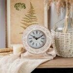 NIKKY HOME Hand Carved Wood Table Clock, Shelf Desk Top Clock Battery Operated Boho Design, Vintage Home Decor for Fireplace Mantel, Desktop, Countertop, Distressed White - Image 3