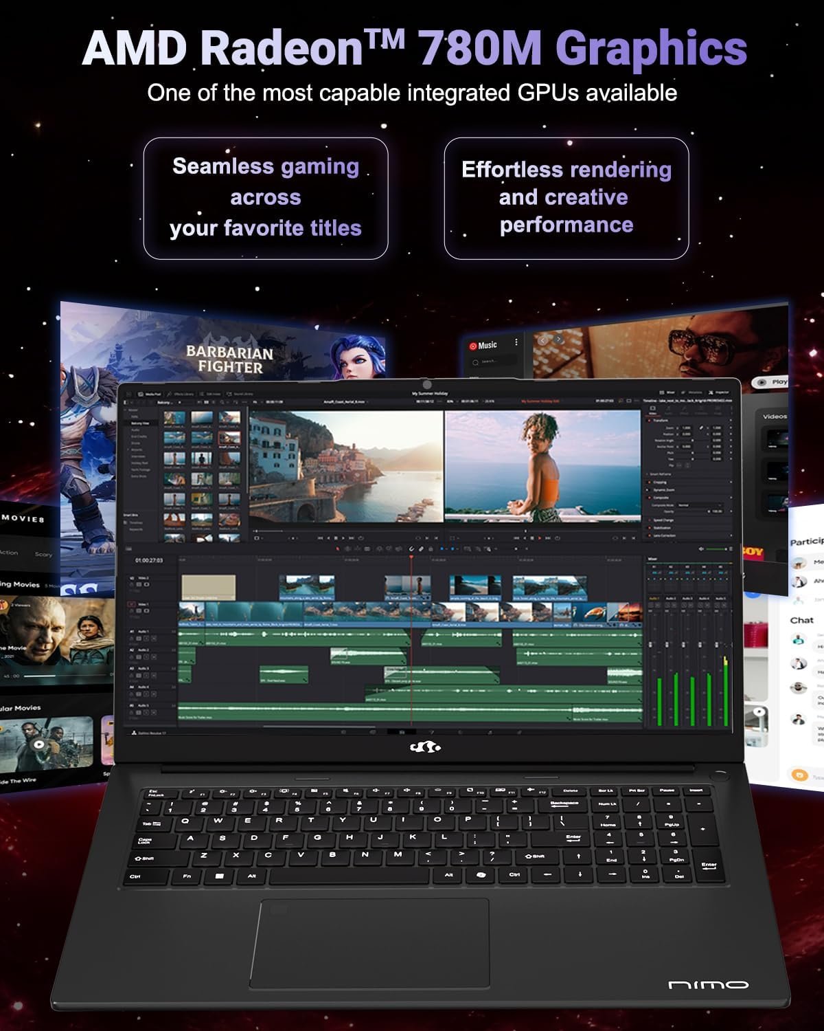 NIMO 17.3" Light-Gaming-Laptop, AMD Ryzen 7 8745HS 8 Cores 32GB DDR5 RAM 1TB SSD, Radeon 780M Graphics, FHD IPS Display, 100W Type-C Fast Charger, Backlit Keyboard, Fingerprint, USB 4.0 - Image 4