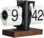 FOSA Flip Desk Clock, Retro Vintage Flip Desk Table Clock, Digital Sided Large Numbers Mechanical Flip Clock Wood Base for Living Room, Study Room and Office（Black） - Image 2