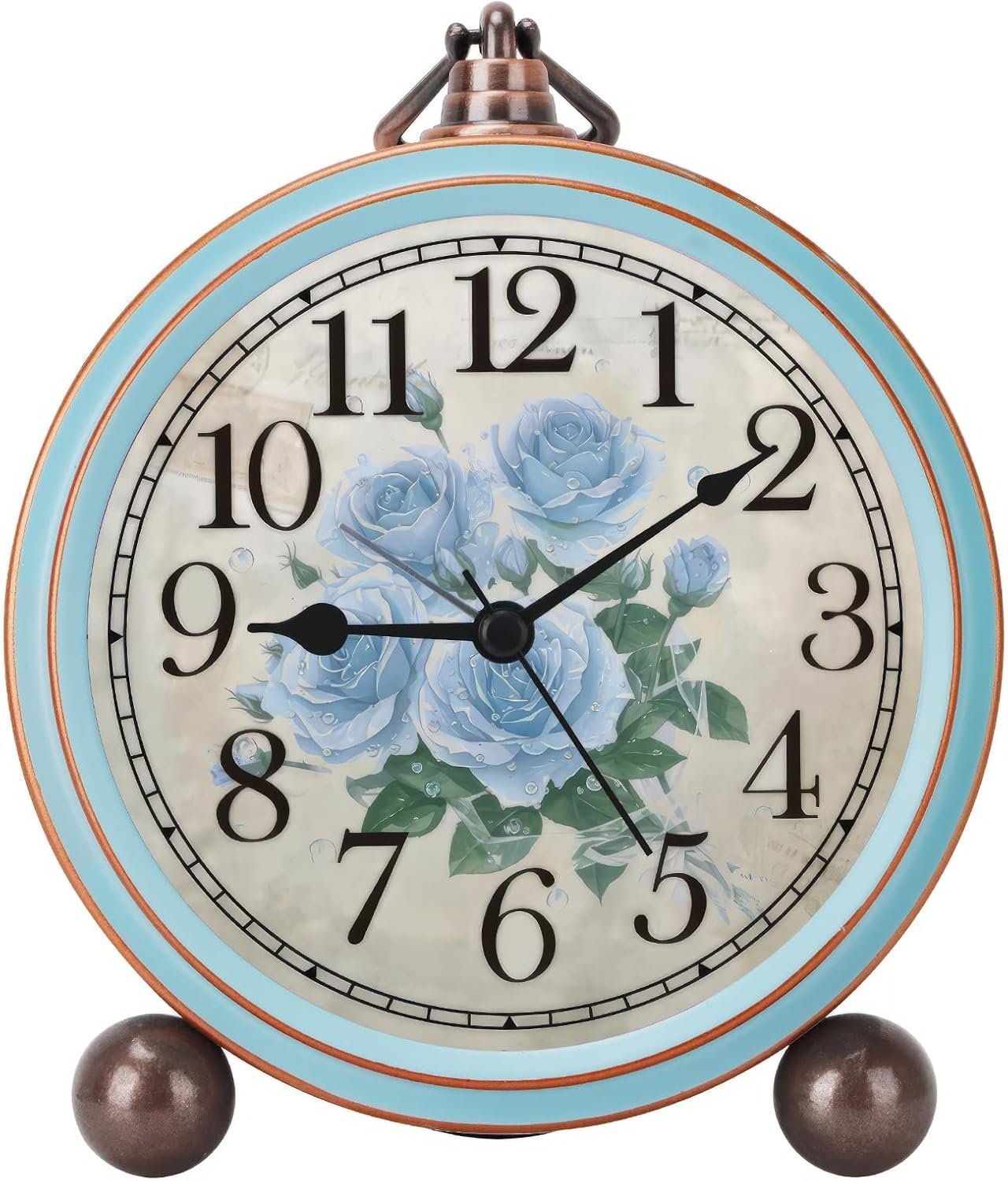Maxspace Vintage Alarm Clock, Silent Non Ticking Desk Clock, Battery Operated Small Table Clock, Decorative Round Analog Clock for Bedroom, Living Room (Blue-Rose) - Image 2